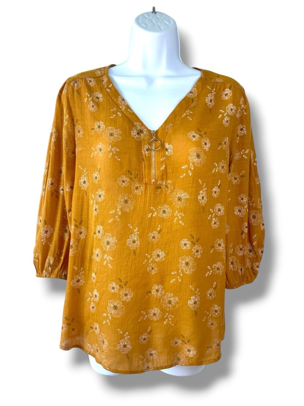 Peasant Blouse Mustard Floral Zip Neck Boho Cottagecore Siren Lily Petites
